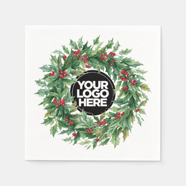 Guardanapo De Papel Christmas Business Logo Holly Berry Wreath (Frente)