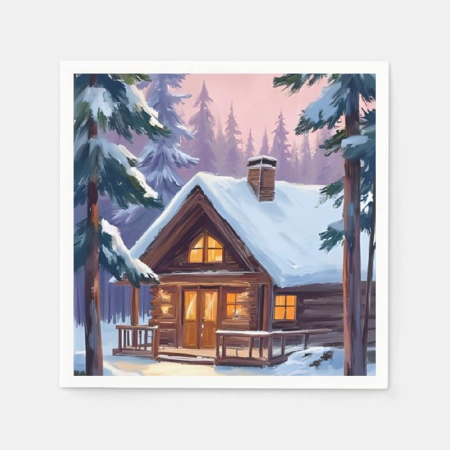 Guardanapo De Papel Christmas Cabin Forest Winter Snow Holiday (Frente)