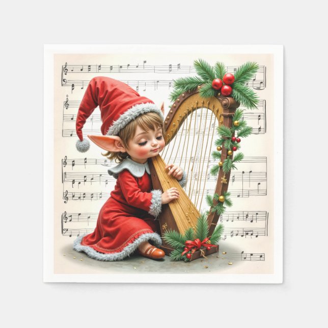 Guardanapo De Papel Christmas Elf Playing a Harp (Frente)