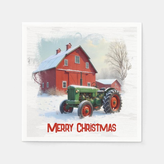 Guardanapo De Papel Christmas Farm Tractor and Red Barn (Frente)