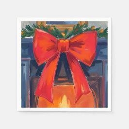 Guardanapo De Papel Christmas Fireplace | Red Bow Merry Watercolor 