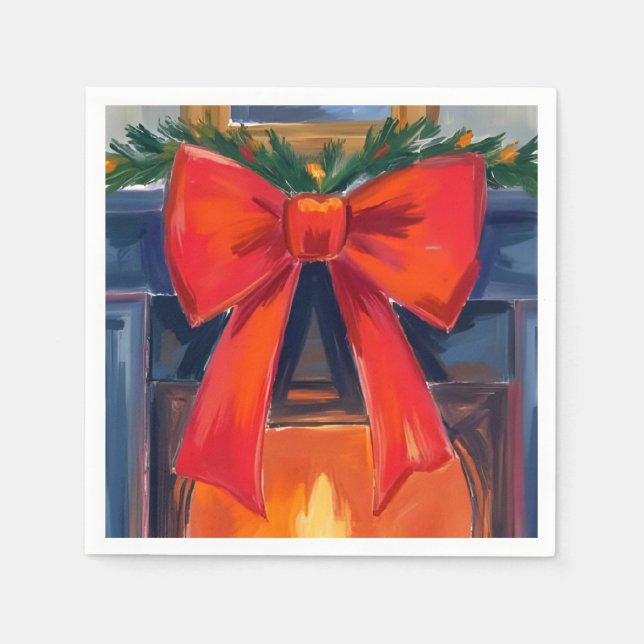 Guardanapo De Papel Christmas Fireplace | Red Bow Merry Watercolor  (Frente)