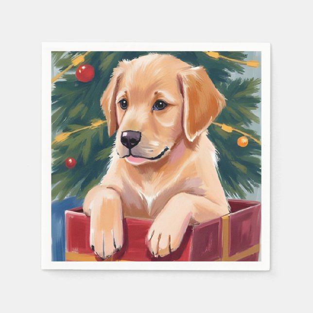Guardanapo De Papel Christmas Golden Retriever Puppy Present Holiday (Frente)