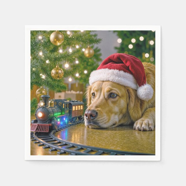 Guardanapo De Papel Christmas Golden Retriever Watching a Toy Train (Frente)