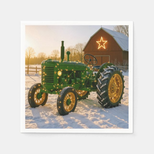 Guardanapo De Papel Christmas Green Tractor With Glowing Lights (Frente)