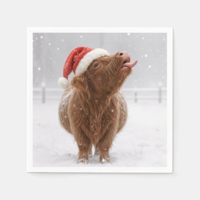 Guardanapo De Papel Christmas Highland Cow Catching Snowflakes (Frente)