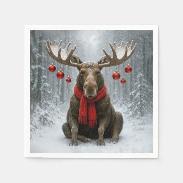 Guardanapo De Papel Christmas Moose In a Snowy Forest (Frente)