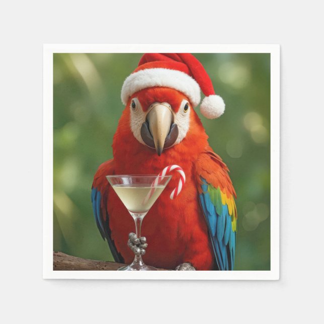 Guardanapo De Papel Christmas Parrot Holding a Cocktail (Frente)