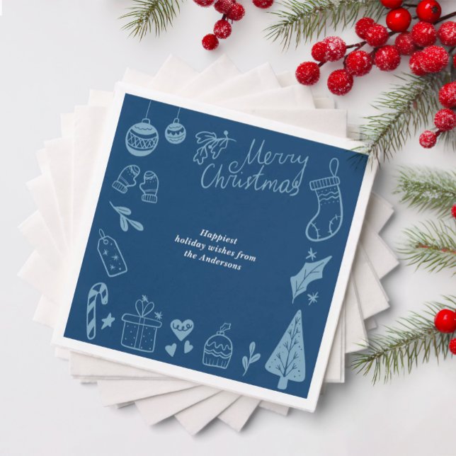 Guardanapo De Papel Christmas Party Blue Hand Drawn Doodles Festive  (Criador carregado)