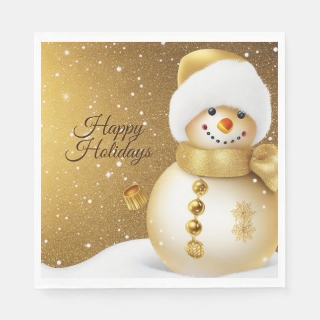 Guardanapo De Papel Christmas Party Golden Snowman Snowflakes Holidays (Frente)