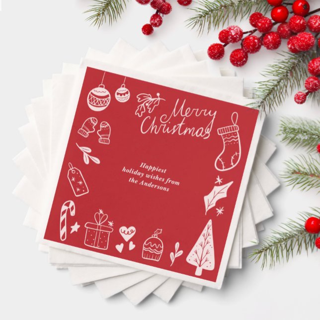Guardanapo De Papel Christmas Party Red Hand Drawn Doodles Festive  (Criador carregado)
