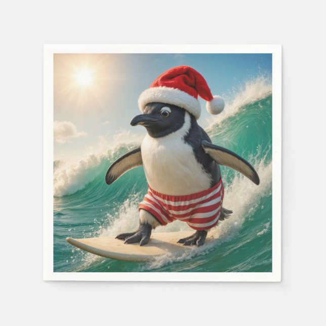 Guardanapo De Papel Christmas Penguin Surfing On an Ocean Wave (Frente)