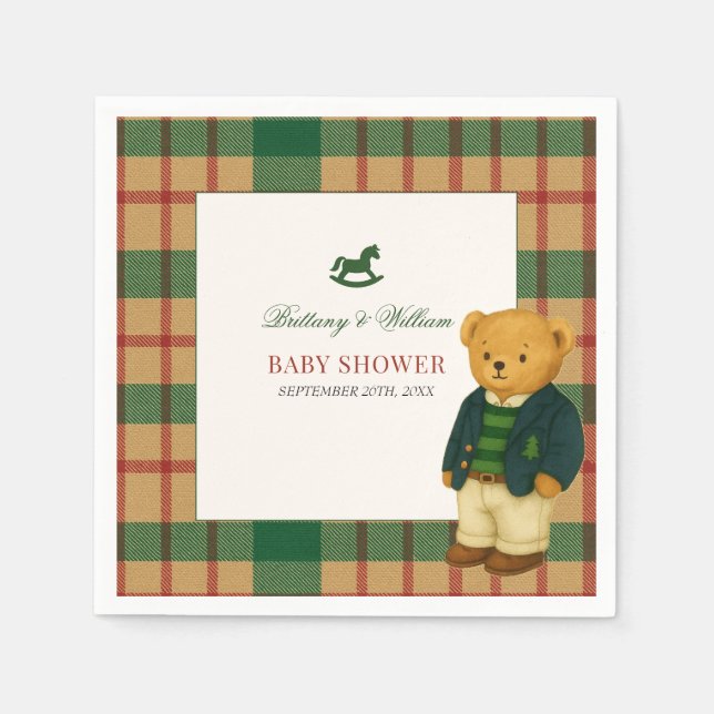 Guardanapo De Papel Christmas Plaid Preppy Bear Baby Shower  (Frente)