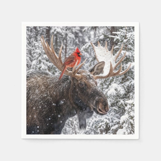 Guardanapo De Papel Christmas Red Cardinal On Snowy Moose Antlers (Frente)