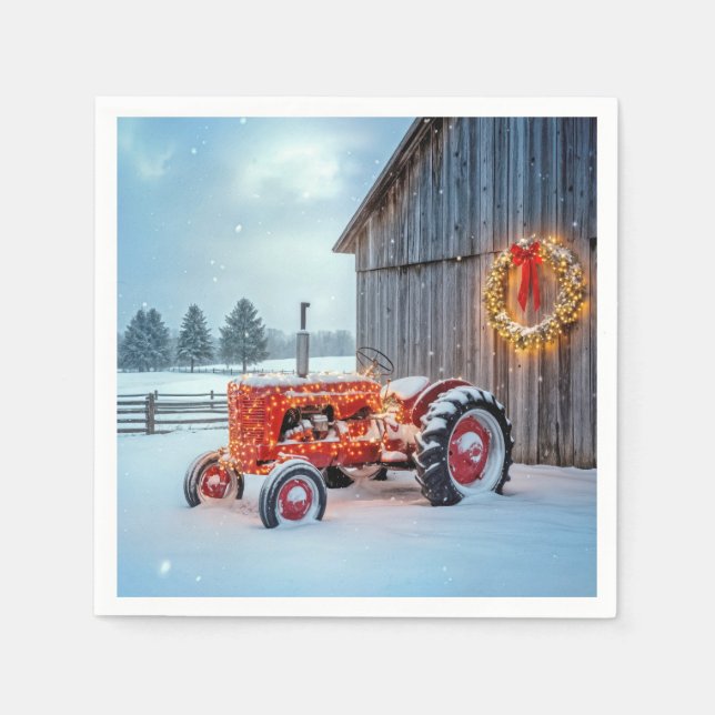 Guardanapo De Papel Christmas Red Farm Tractor In Snow (Frente)