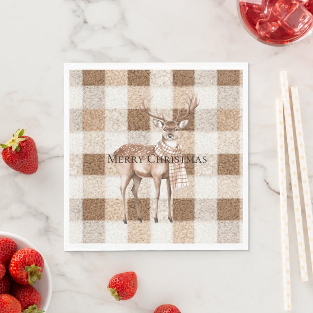 Guardanapo De Papel Christmas Rustic Cream Brown Plaid Deer (Insitu)
