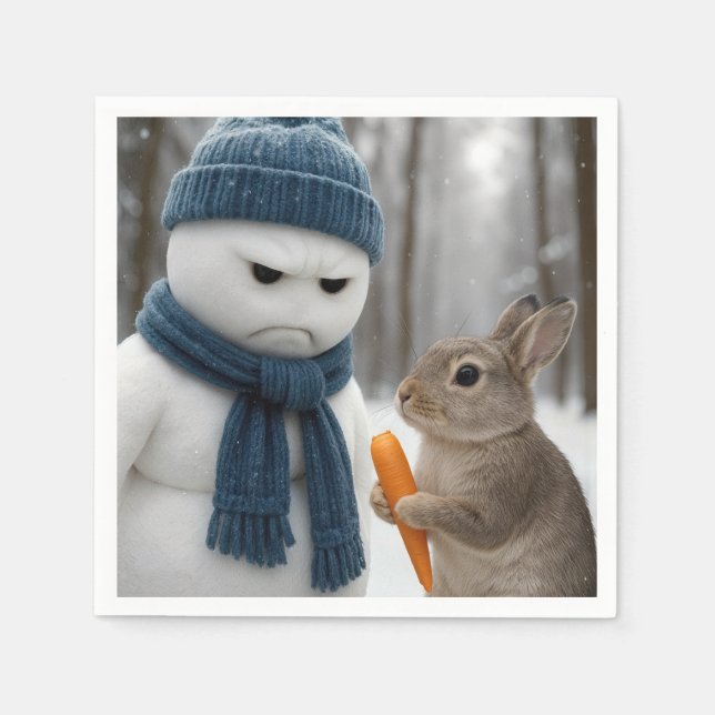 Guardanapo De Papel Christmas Scowling Snowman With a Bunny (Frente)