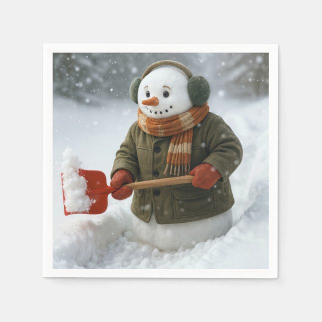 Guardanapo De Papel Christmas Snowman Shoveling Snow (Frente)