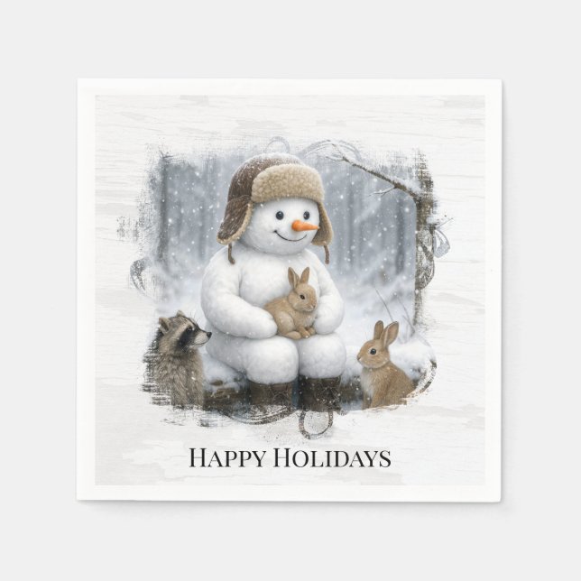 Guardanapo De Papel Christmas Snowman With Friends In Winter Woods (Frente)
