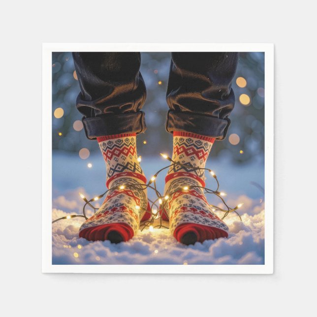 Guardanapo De Papel Christmas Socks and Holiday Lights in Snow (Frente)