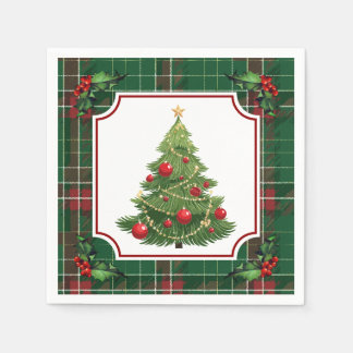 Guardanapo De Papel Christmas Tree Green Plaid with Holly