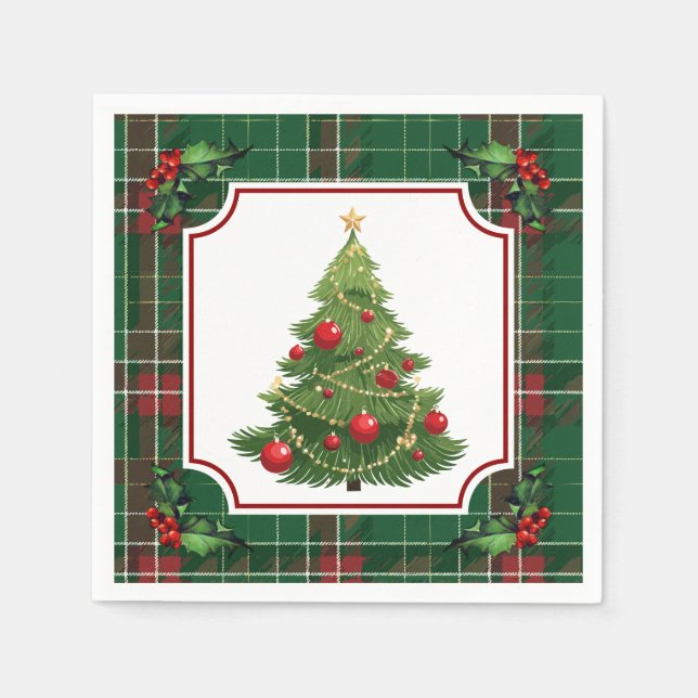 Guardanapo De Papel Christmas Tree Green Plaid with Holly (Frente)