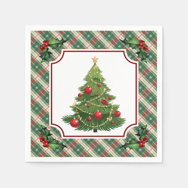 Guardanapo De Papel Christmas Tree Plaid with Holly (Frente)