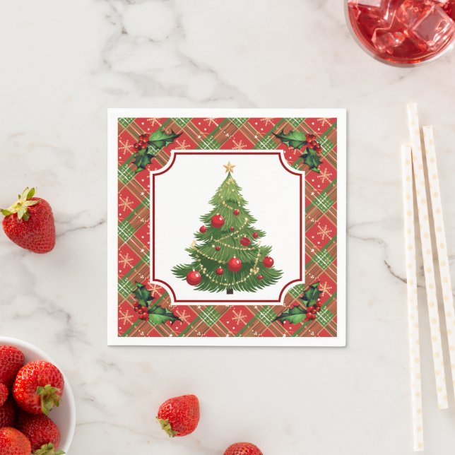Guardanapo De Papel Christmas Tree Red Plaid with Holly (Insitu)