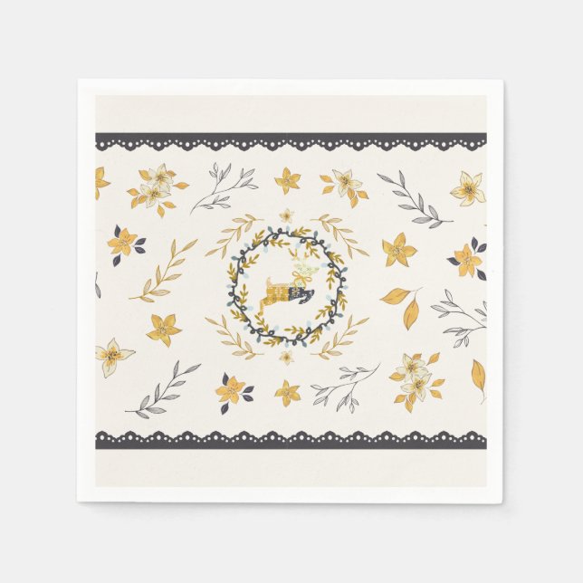 Guardanapo De Papel Christmastime Deer Yellow Cream Floral Blue (Frente)