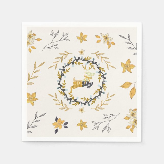 Guardanapo De Papel Christmastime Deer Yellow Cream Floral Napkin (Frente)