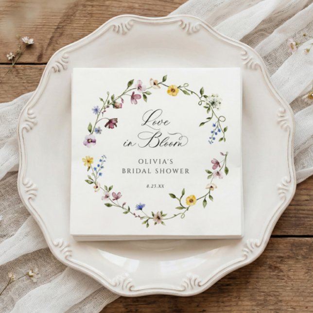 Guardanapo De Papel Chuva de Amor Flores Silvestres para Chá de Noiva (Bridal shower napkins with watercolor wildflower wreath and elegant love is in bloom script)