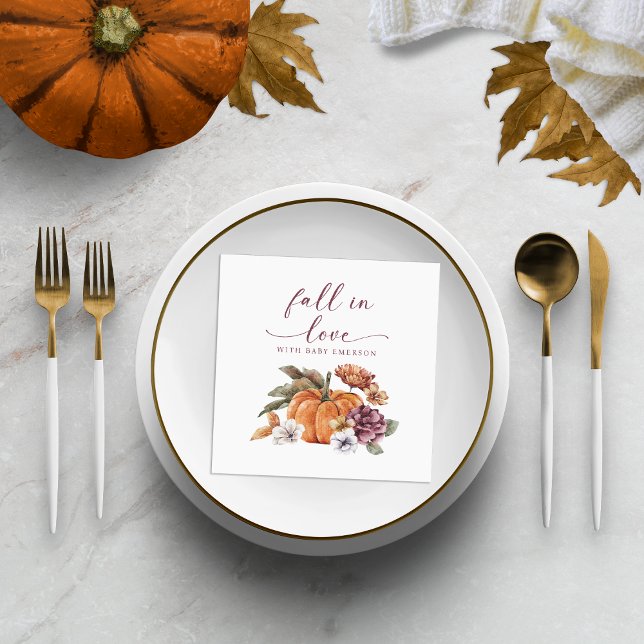 Guardanapo De Papel Chuva de Bebê Abóbora de Outono (Fall In Love With Baby Watercolor Pumpkins and Florals Baby Shower Paper Napkin Decor)