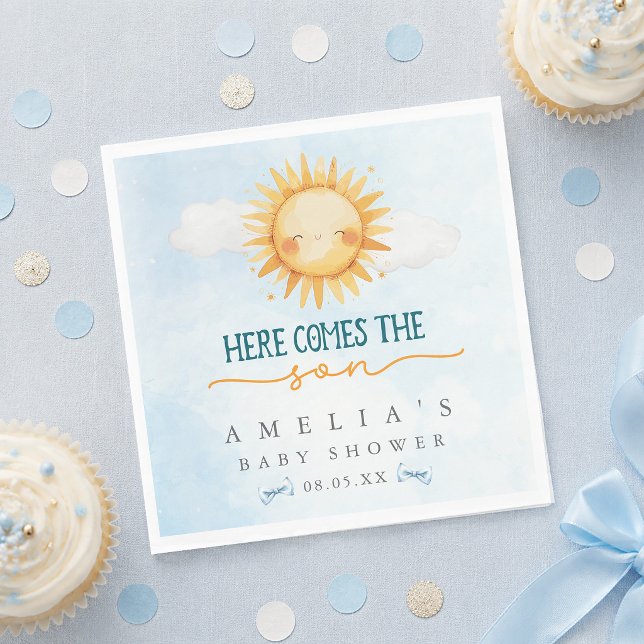 Guardanapo De Papel Chuva de Bebê Blue Sky Here Comes the Son (Blue Sky Here Comes the Son Baby Shower Napkins)