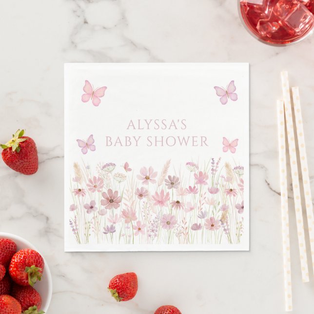 Guardanapo De Papel Chuva de Bebê Borboleta Rosa Flores Silvestres (Insitu)