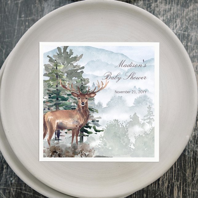 Guardanapo De Papel Chuva de Bebê com Cervo na Floresta em Aquarela (Watercolor Woodland Forest Stag Baby Shower Napkins)