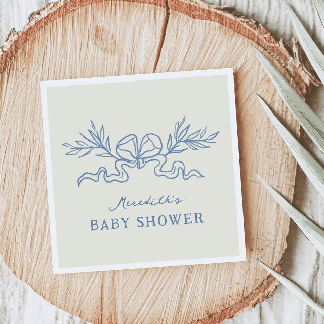 Guardanapo De Papel Chuva de Bebê com Fita Botânica Azul (Blue Botanical Ribbon Baby Shower Napkins)