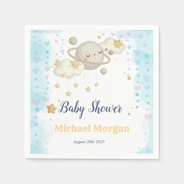 Guardanapo De Papel Chuva de Bebê Estrelas Planeta Nuvens Azul (Frente)