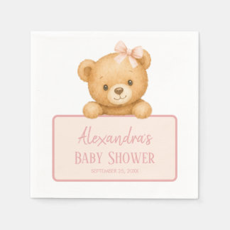 Guardanapo De Papel Chuva de Bebê Menina Urso Teddy Marrom Laço Rosa