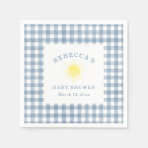 Chuva de Bebê Menino com Gingham Azul e Sol Amarel