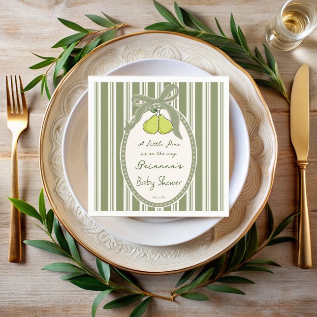 Guardanapo De Papel Chuva de bebê personalizada com listras retrô em v (Pear sage green retro stripes vintage baby shower custom napkins personalized decor )