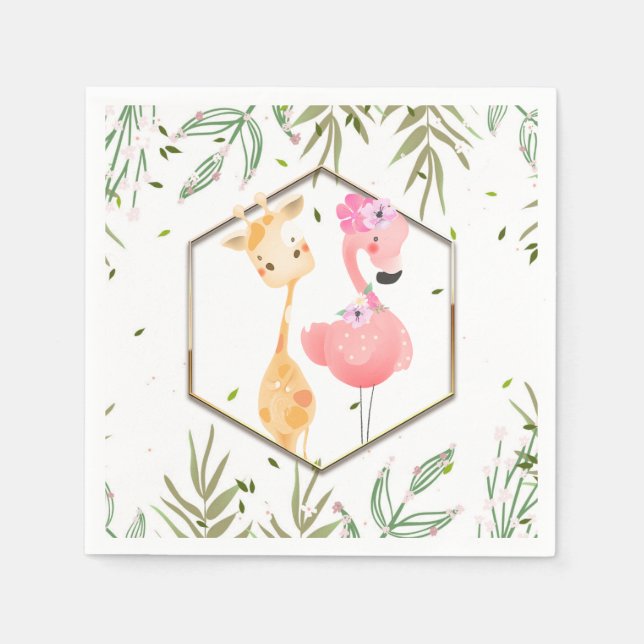 Guardanapo De Papel Chuva de Bênçãos Infantil de Flamingo e Girafa em  (Frente)