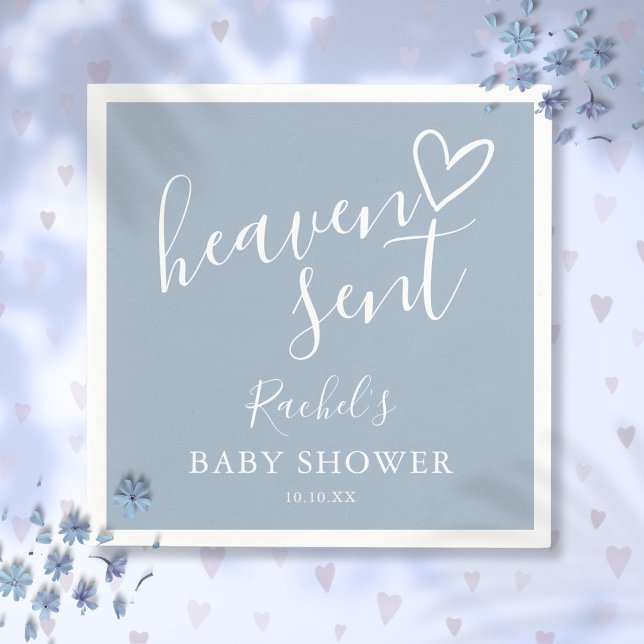 Guardanapo De Papel Chuva de Bênçãos Script Dusty Blue Boy Baby Shower (Heaven Sent Script Dusty Blue Boy Baby Shower Napkins)