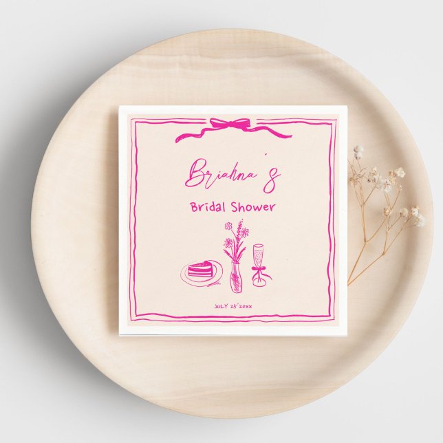 Guardanapo De Papel Chuva de casamento em fita rosa retrô rabiscada à  (Handdrawn scribble retro pink ribbon bridal shower template napkins personalized tableware decor)