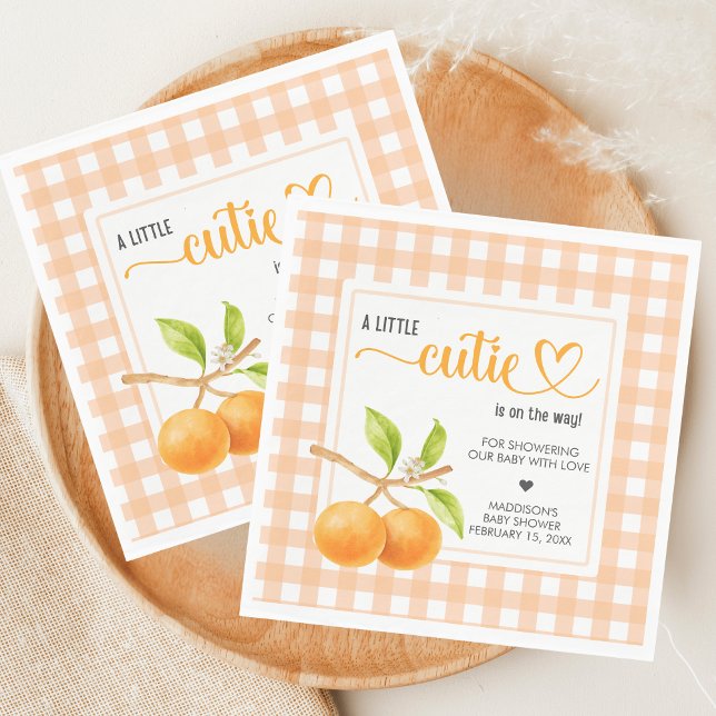 Guardanapo De Papel Chuva de Laranja Gingham para Chá de Bebê (Little Cutie Orange Baby Shower Napkin)