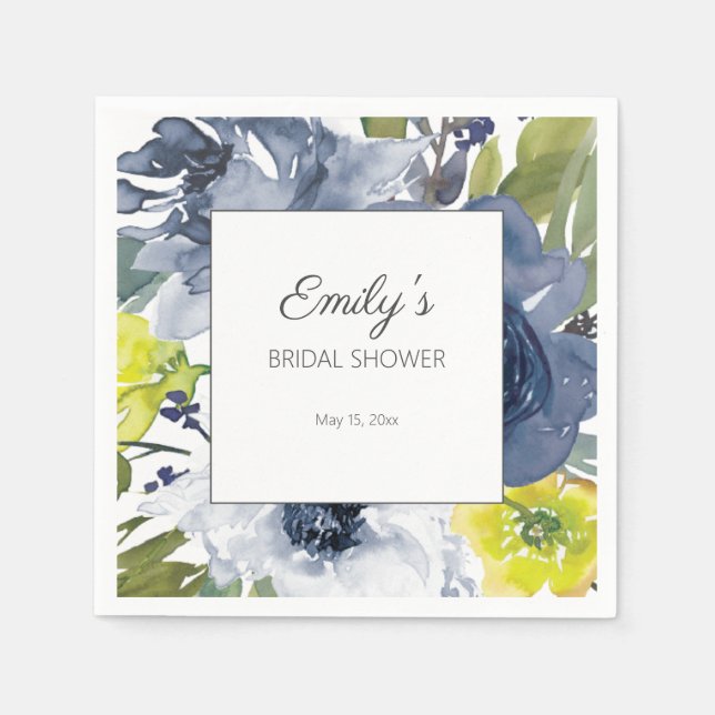 Guardanapo De Papel Chuva de Noiva Azul Naval Amarelo Branco Floral (Frente)