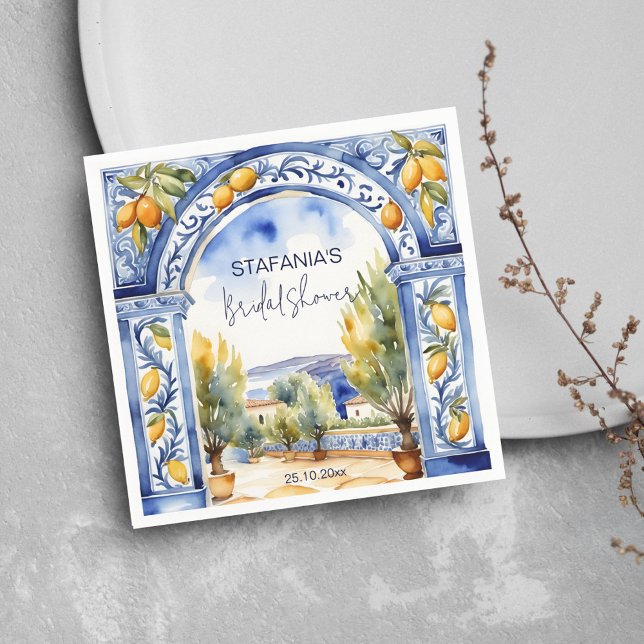 Guardanapo De Papel Chuva de noiva com arco de azulejos azuis italiano (Italian Blue tiles arch lemons bridal shower tableware personalized napkins Napkins watercolor scene)