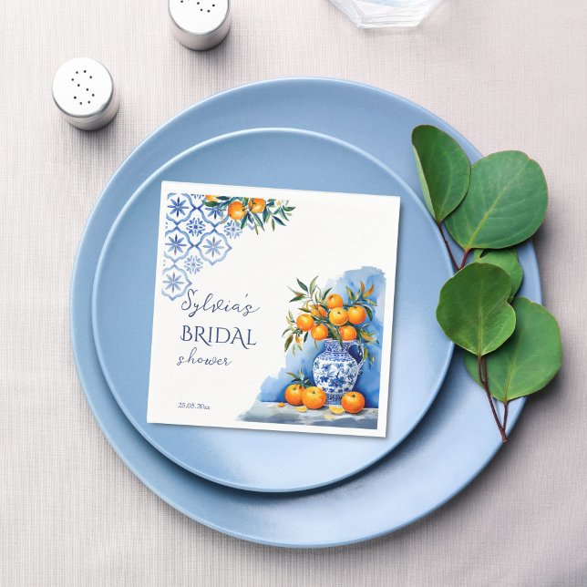 Guardanapo De Papel Chuva de noiva em azul Talavera com chinoiserie e  (Talavera blue chinoiserie vase oranges citrus Spanish Hacienda summer bridal shower printed napkins)