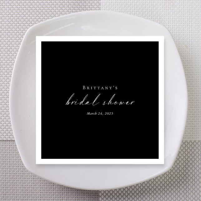 Guardanapo De Papel Chuva de Noiva em Preto e Branco (Black White Script Bridal Shower Napkins with Name and Date)