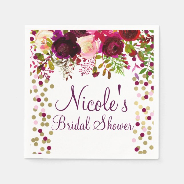 Guardanapo De Papel Chuva de Noiva Rosa Marsala Floral Dourado Borgonh (Frente)