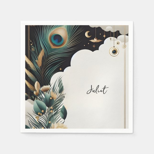 Guardanapo De Papel Chuva de Noiva Rústica Asiática com Nuvens e Pavão (Frente)